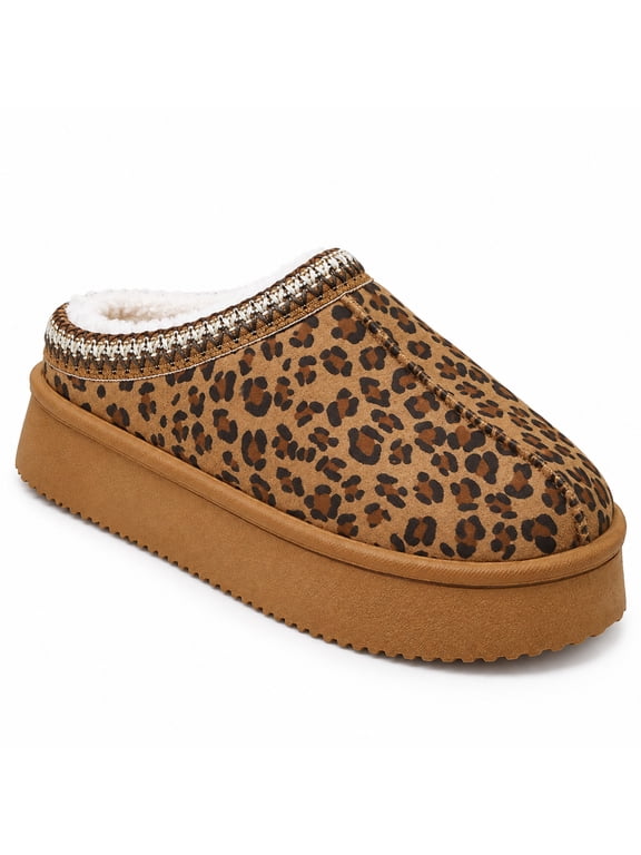 Women's Leopard Print Platform Slippers, Closed Toe Slip-On Clogs with Plush Trim