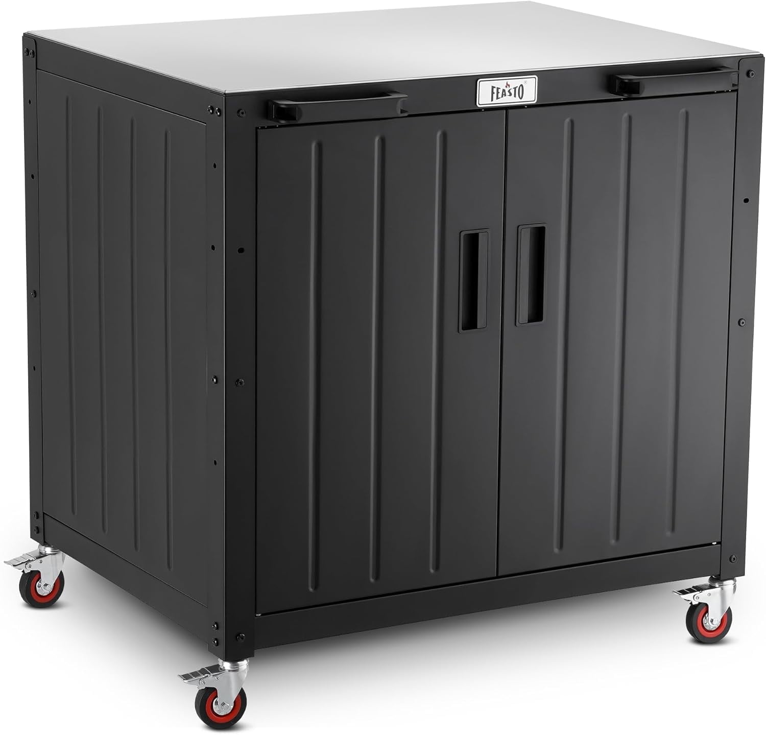 Feasto Black Stainless Steel Outdoor Grill Cart with Storage Cabinet