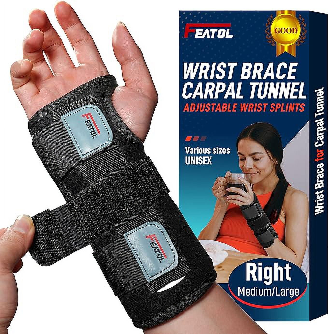 FEATOL Wrist Brace for Carpal Tunnel, Adjustable Night Wrist Support Brace  with Splints Right Hand, Medium/Large, Hand Support for Arthritis,  Tendonitis, Sprain, Injuries, Wrist Pain 