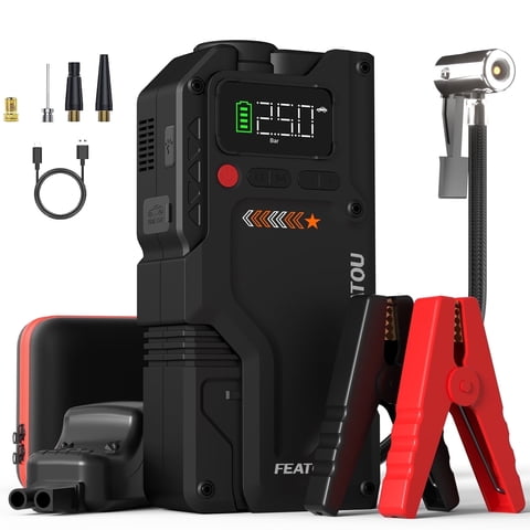 FEATOU 5000A Peak Car Jump Starter with Compressor,12V Battery Jump Starter Portable (up to 8.5L Gas/7.0L Diesel),Emergency Power Bank with LED Light