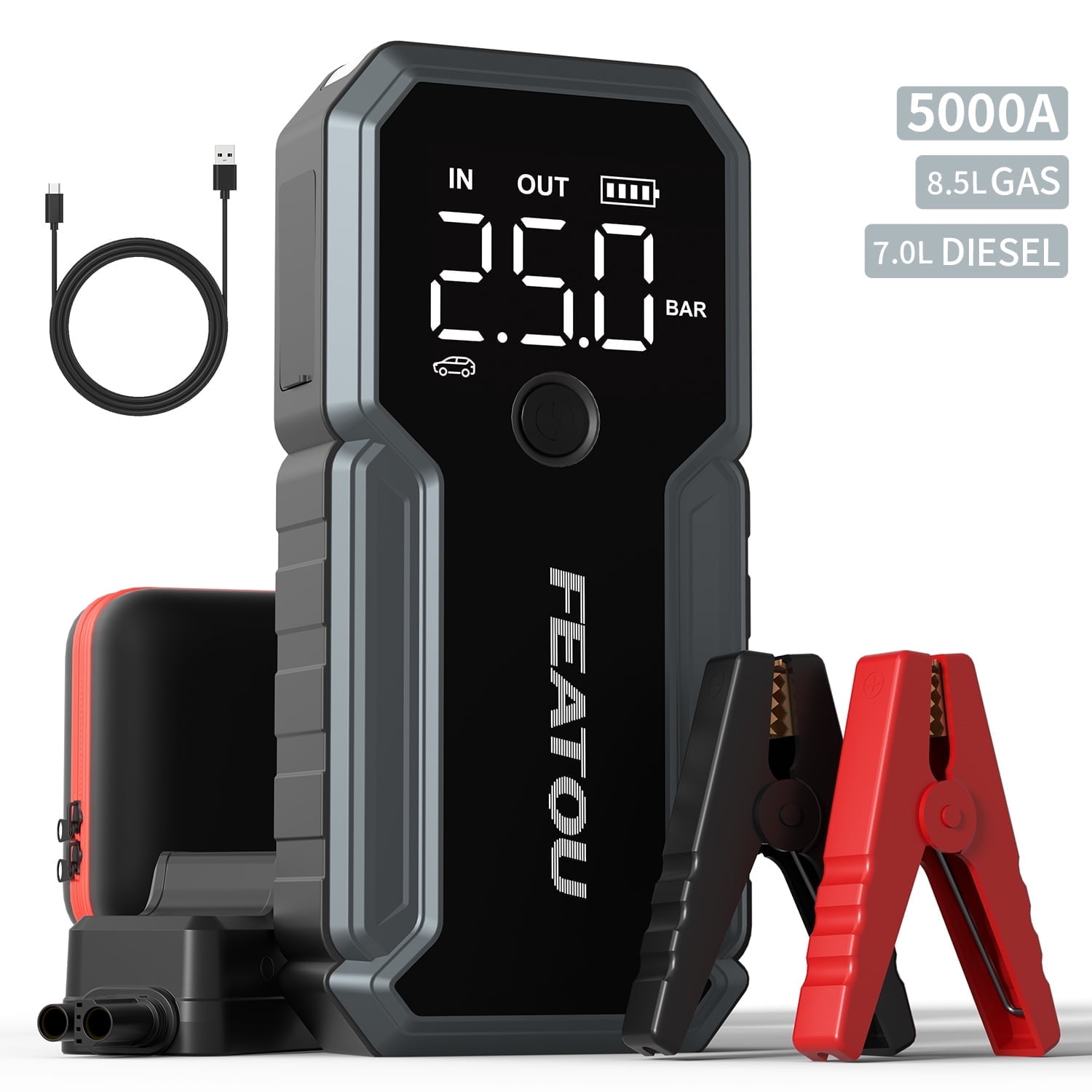 FEATOU Car Jump Starter Portable,5000A Peak 12V Battery Jump Starter for All Gas and Up to 7.0L Diesel Engine,Portable Battery Booster Box with USB Quick Charge and Type C Supersafe