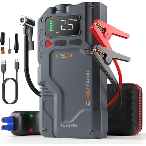 FEATOU V5 Portable Car Jump Starter with Air Compressor, 5000A 12V Battery Booster for 10.0L Gas/9.0L Diesel Engines, LED Light, USB QC 3.0