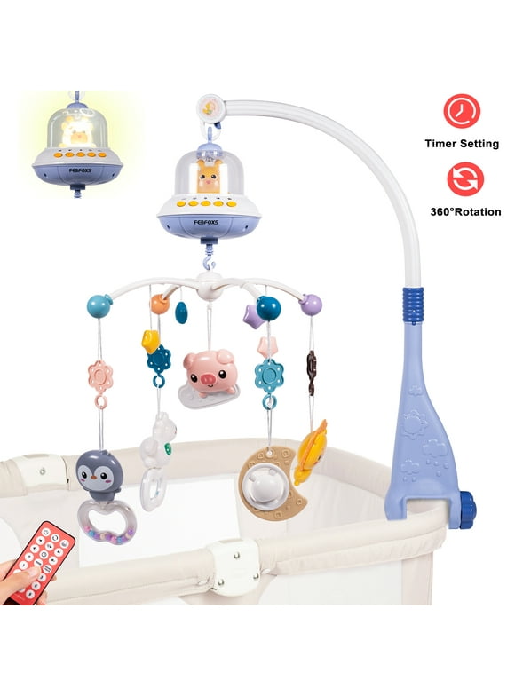 FEBFOXS Baby Crib Mobile with Music and Lights, Mobile for Crib with Remote Control, Timing Function, Rotation, Hanging Rotating Animals Rattles, Baby Crib Toys for Boys Girls, Blue