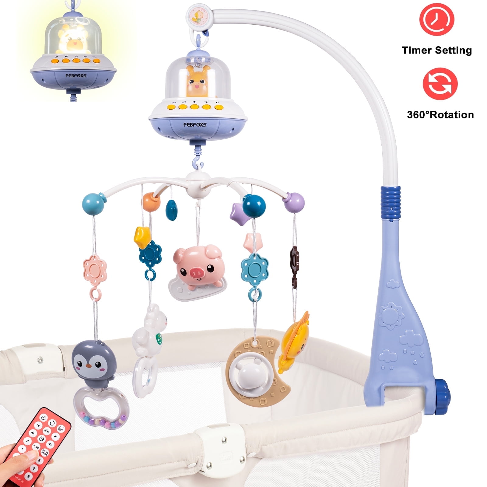 Febfoxs Baby Crib Mobile with Music and Lights Mobile for Crib with Remote Control Hanging Rotating Animals Rattles Nursery Crib Toys for Boys Girls Blue Walmart