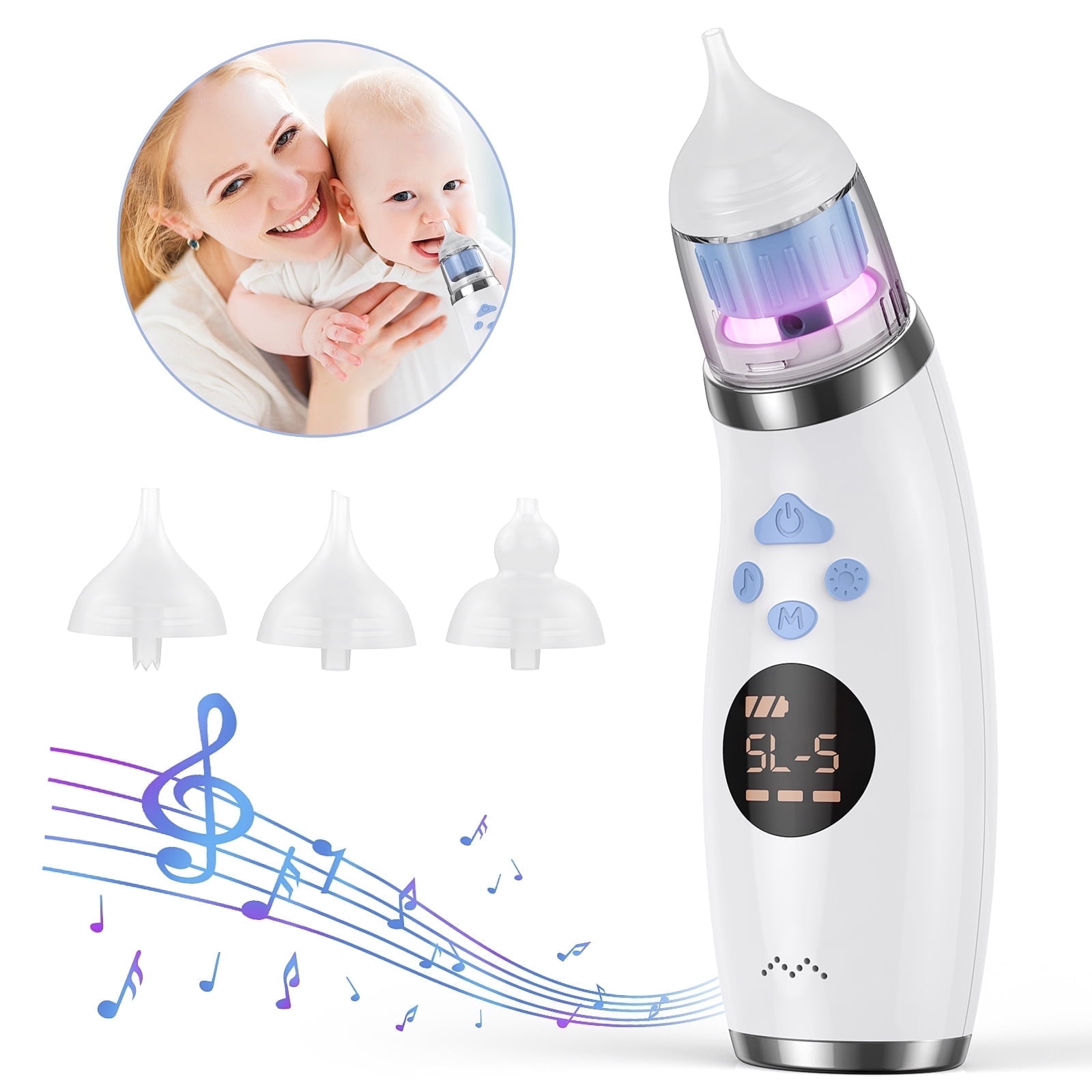 FEBFOXS Baby Nasal Aspirator, Electric Nose Sucker for Toddler, Nasal Aspirator for Baby with 5 Suck Modes, 3 Silicone Tips, Music Soothing, White