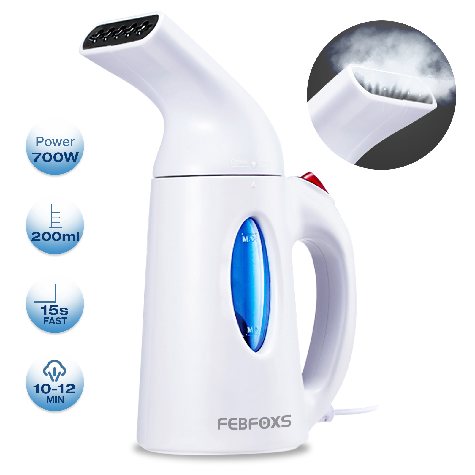 FEBFOXS Steamer for Clothes,700w Portable Garment Steamer,Auto Shut-off Function,Wrinkles/Steam/Soften/Clean/Sterilize,White - image 1 of 8