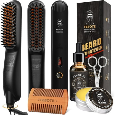 Beard Straightener Kit with Beard Balm, Oil, Comb, Scissors - 6 Piece Beard Care Set