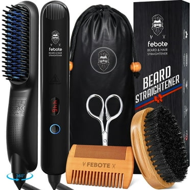 FEBOTE Beard Straightener Grooming Kit for Men w/Beard Straightener, Beard Brush, Wood Comb and Mustache Scissors, Unique Grooming Gift Set for Men, Dad, Husband or Boyfriend