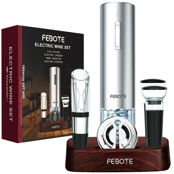 Electric Wine Bottle Opener with Wood Stand, Vacuum Stoppers, Aerator & Foil Cutter Gift Set for Wine Lovers