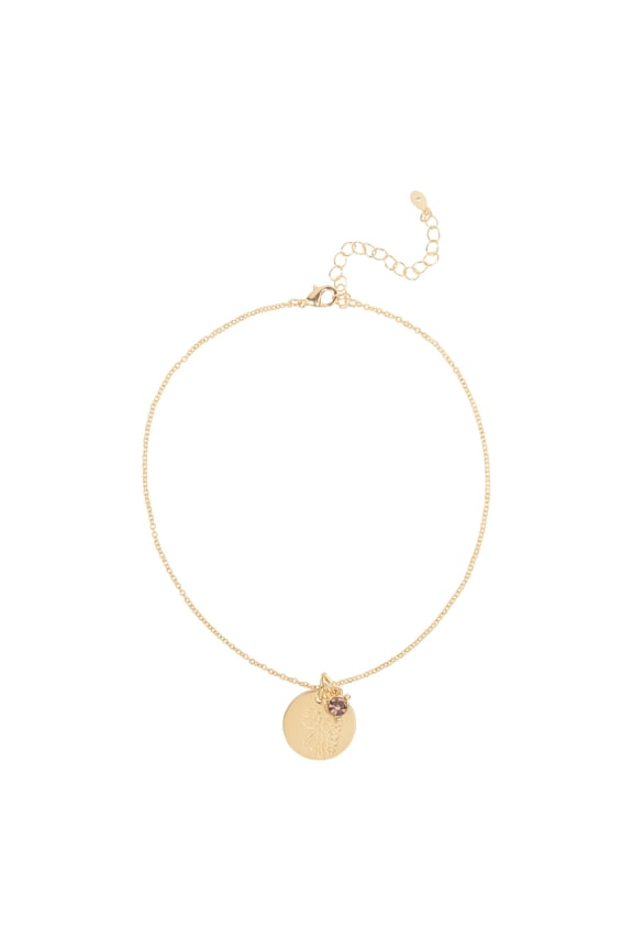 Women’s February Birthstone Necklace, Gold Tone Chain with Light Amethyst Stone & Violet Flower