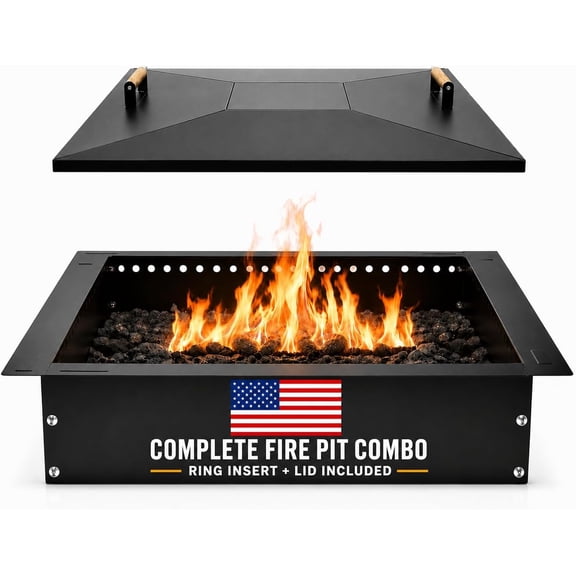 FEBTECH - 30" ID x 36" OD Square Firepit Ring Insert with 36.5" Removable Lid | Heavy Duty Fire Ring for Outside Fire Pit for Better Burning and Camping | Firepit Covers Square for Weather Protection