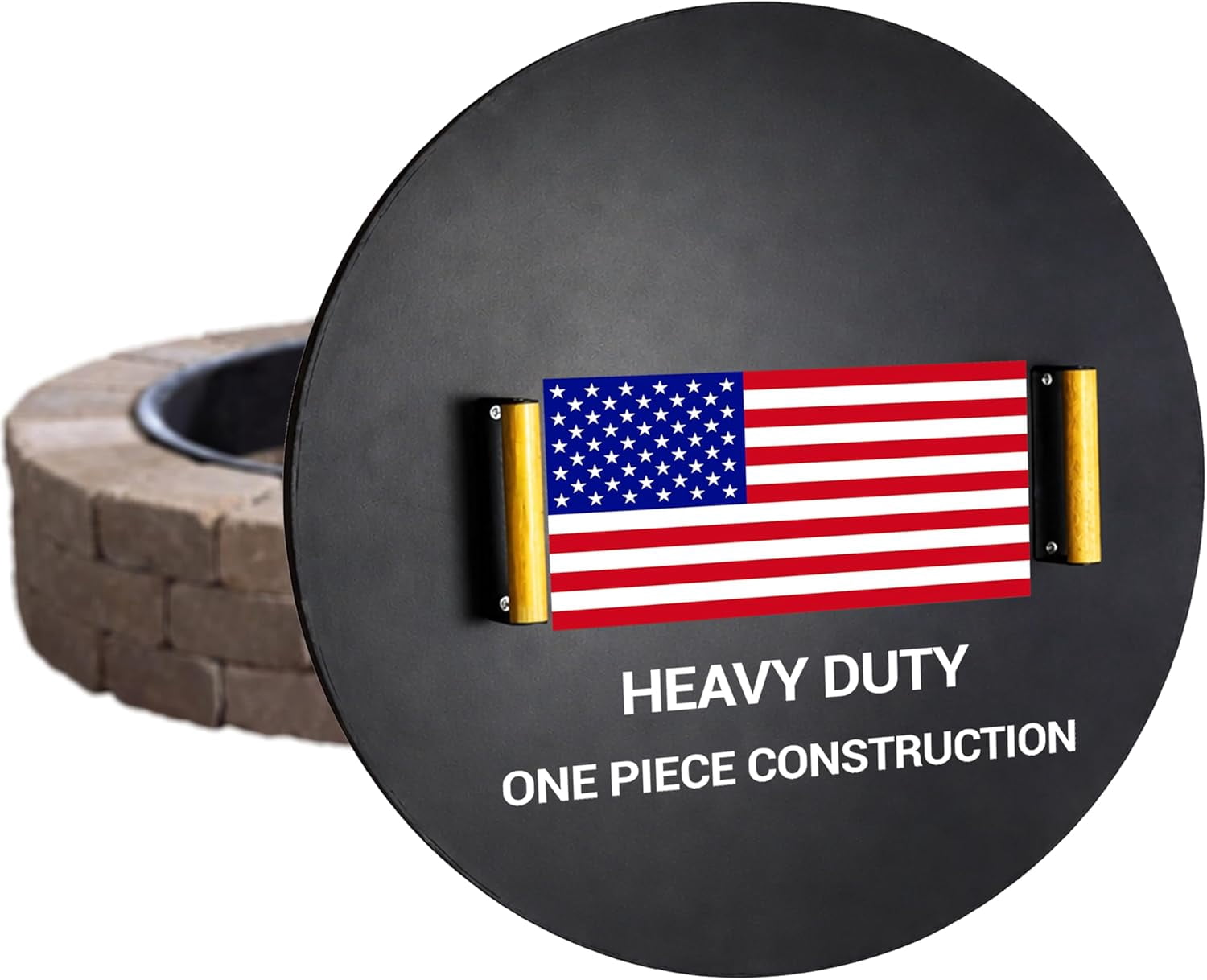 28” Round Fire Pit Lid – Heat Resistant fire pit cover round metal for Outdoor Fireplace -16 Gauge Steel Flat Fire Pit Burner Pan Cover with 2 Wooden Handles Snuffer Lid for Patio FirePit Ring