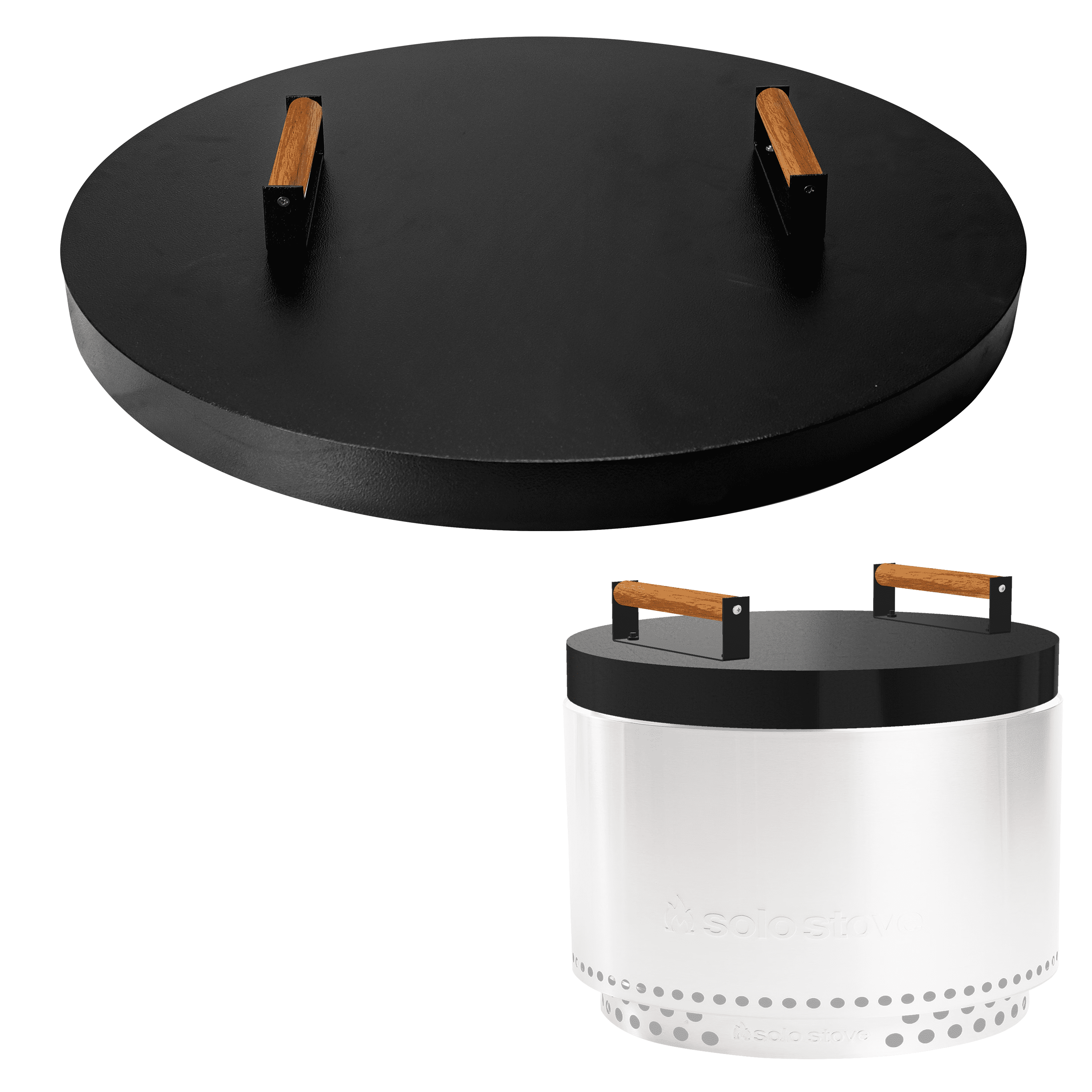 FEBTECH Firepit Snuffer Lid Compatible For Solo Stove Yukon 2.0 & 1.0 - Carbon Steel Camping Stove Lid With 2 Wooden Handles - Yukon Solo Stove Accessories For Outdoor Camping