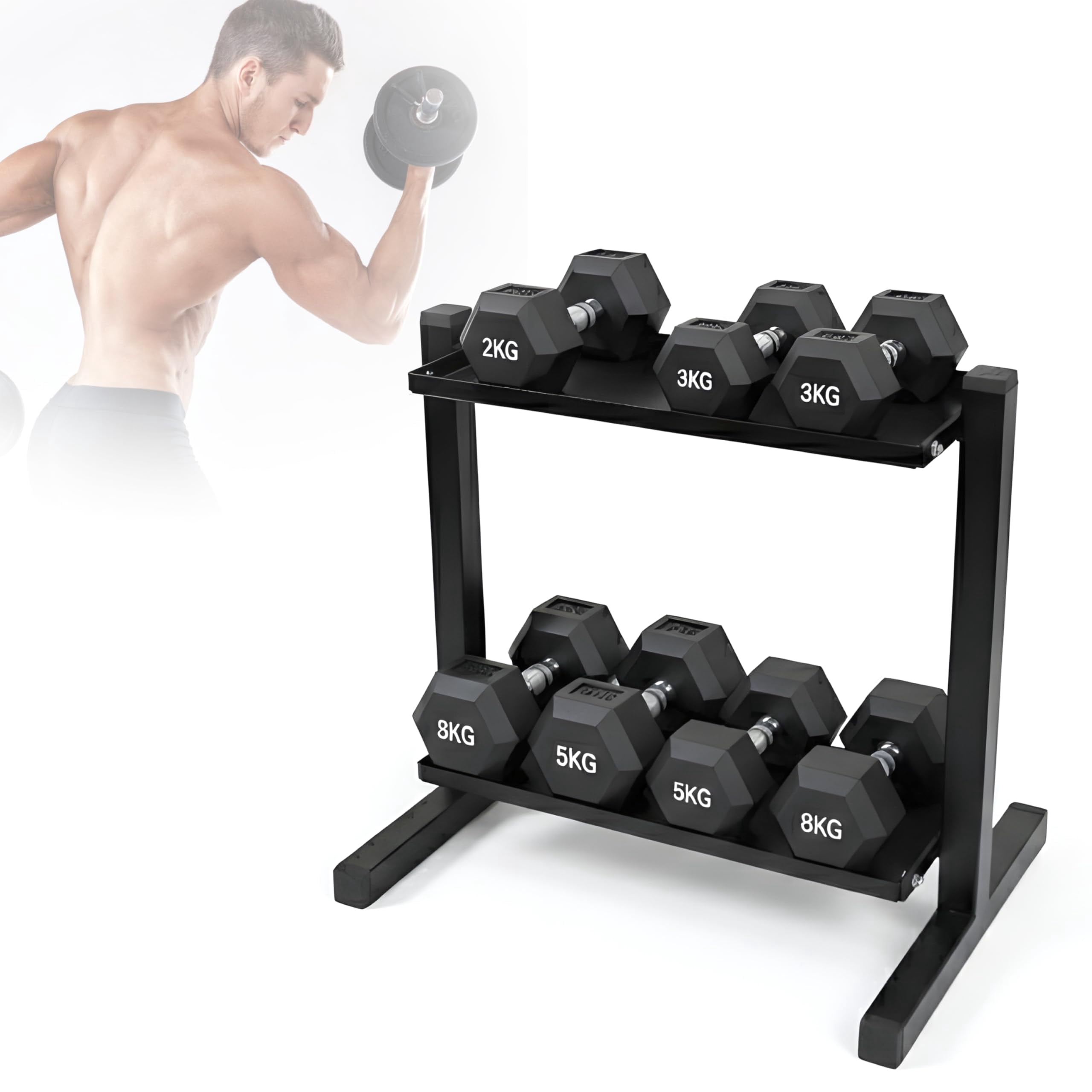 FEBTECH Heavy-Duty 2-Tier gym storage rack for Kettlebells, Compact kettlebell rack design as weight rack for home gym, steel weight storage racks organizer with secure weight holder Black