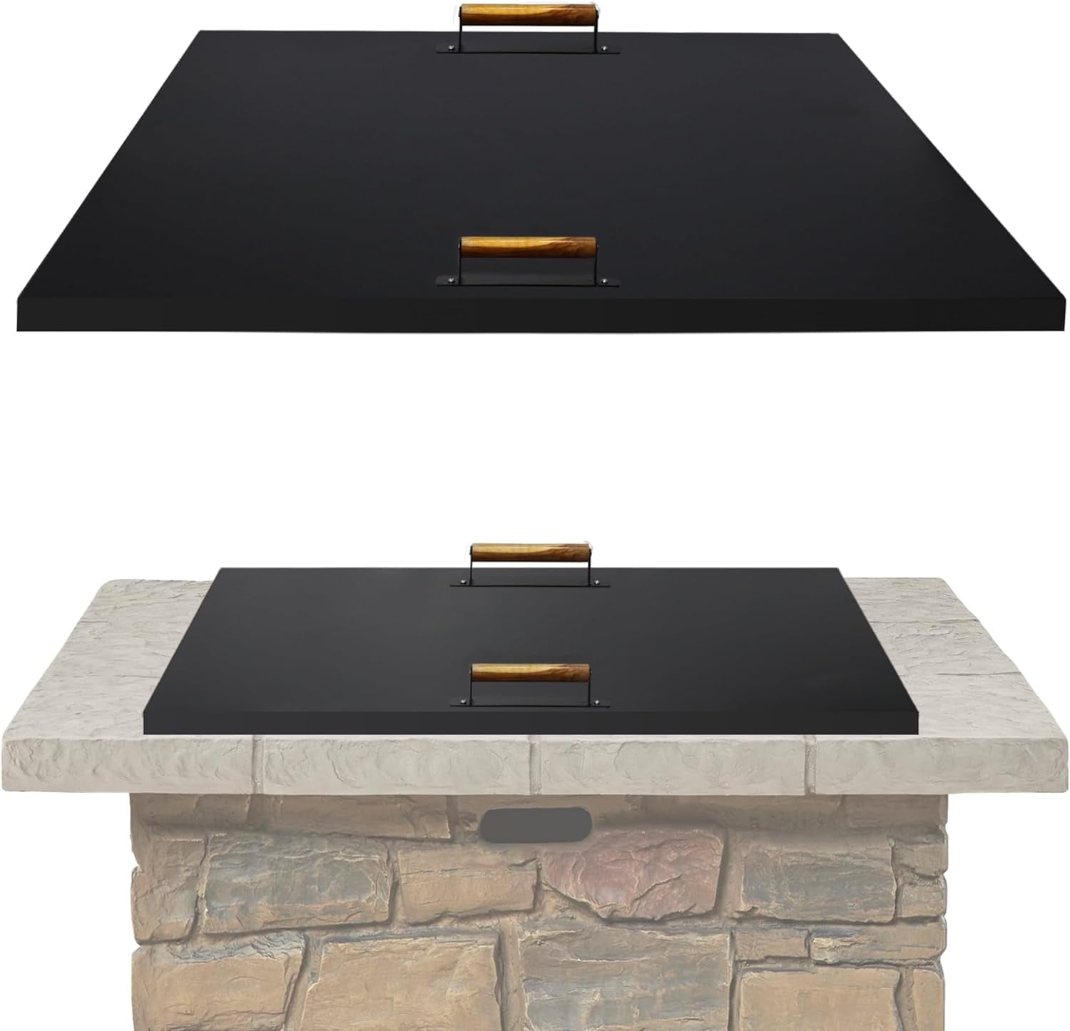 38-Inch Black Powder Coated Steel Square Fire Pit Lid with Wooden Handles