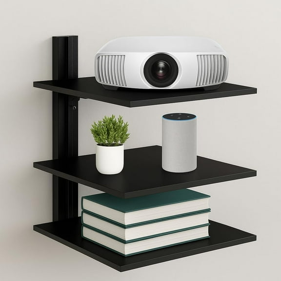 FEBTECH - Wall Entertainment Center Shelves - Shelf for Projector - Floating Shelves for Tv,DVD Players,Games Consoles, Cable Boxes, TV Accessories, 3 Shelf, Black