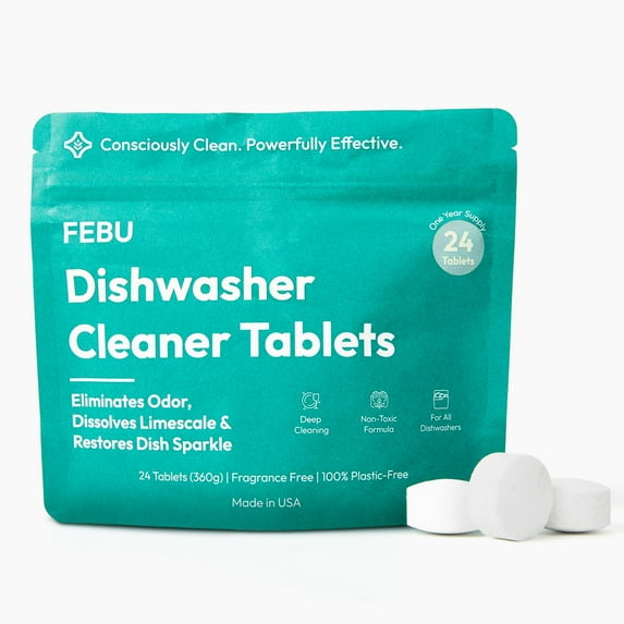 FEBU Dishwasher Cleaner Tablets Made in USA | Natural Dishwasher Cleaner and Deodorizer | Eliminates Grease & Grime | 8 Natural, Biodegradable, Plant-Based Ingredients | 24 Tablets - 12 Month Supply
