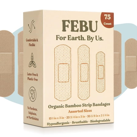 FEBU Eco-Friendly Bamboo Fabric Bandages | PFAS Free Flexible Fabric Bandages | Natural Hypoallergenic Bandage for Scrapes, Cuts & First Aid | Fully Compostable, Latex Free Bandage | 75 Count Strip