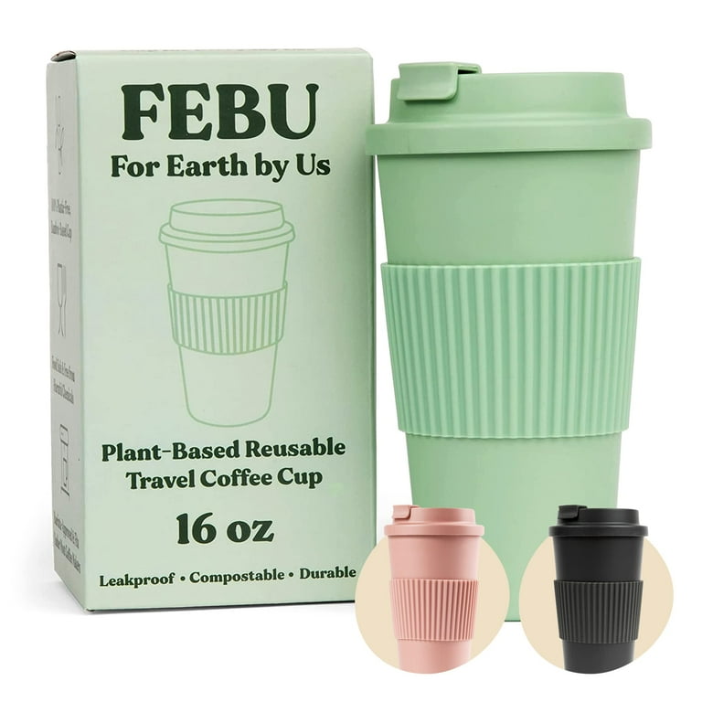 FEBU Plant-Based Reusable Coffee Cup with Lid and Sleeve 16oz