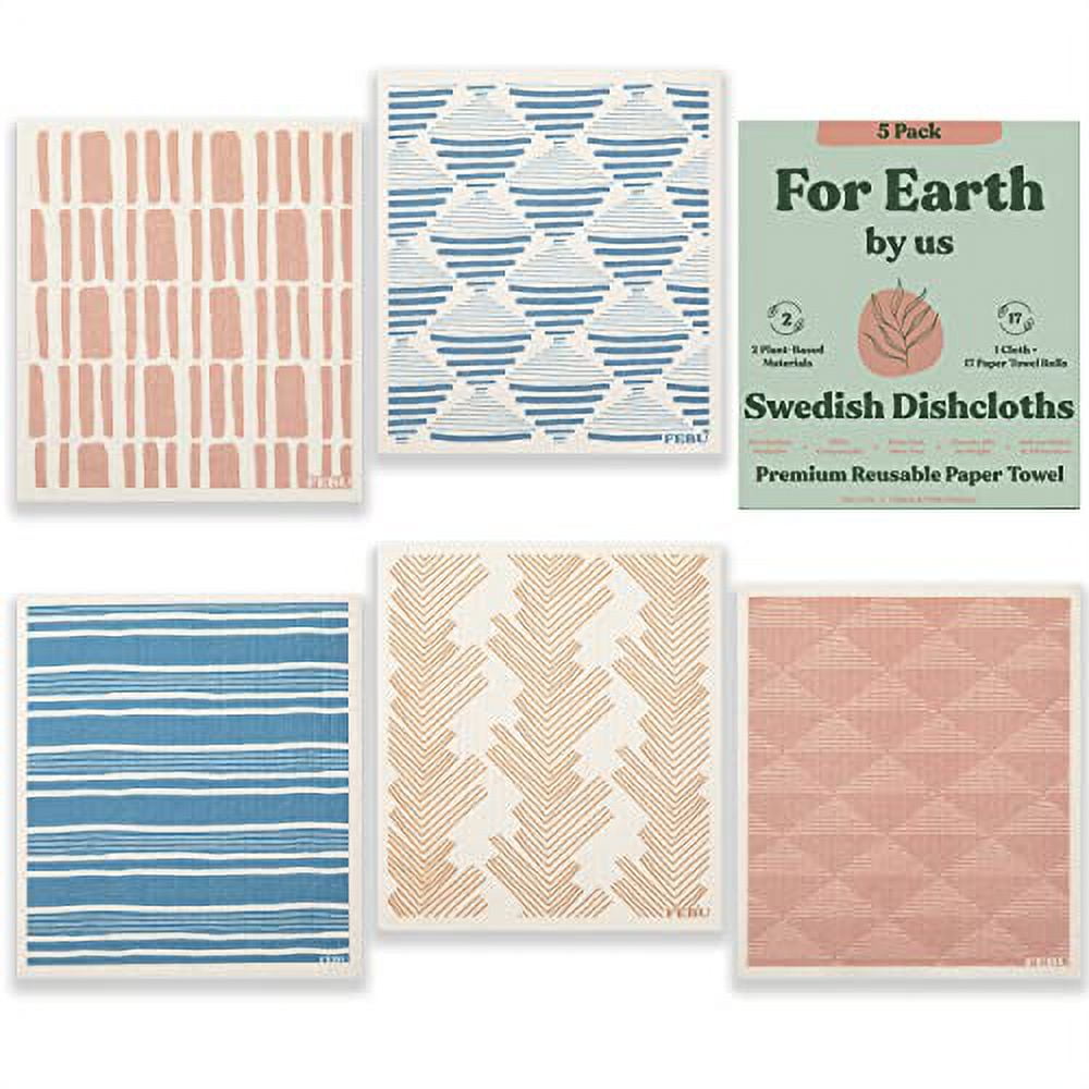 FEBU Swedish Dishcloths for Kitchen | 5 Pack Faded Summer Dish Towels |  Reusable Paper Towels Washable | Non-Scratch Cellulose Sponge Cloths | No