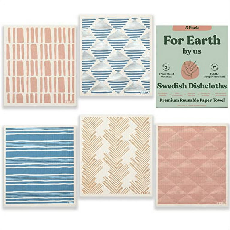 FEBU Swedish Dishcloths for Kitchen | 5 Pack Blue Geometric Swedish Dish Towels | Cellulose Sponge Cloths | Non Scratch Reusable Paper Towels | No