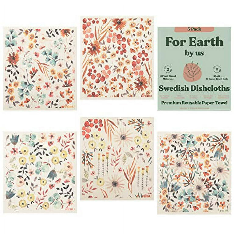 FEBU Swedish Dishcloths for Kitchen, 5 Pack Watercolor Swedish Dish Towels, Cellulose Sponge Cloths, Non Scratch Reusable Paper Towels