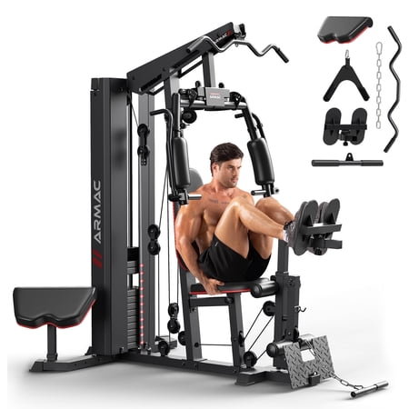 FED Fitness Home Gym Station,Multifunctional Workout Station with Leg Press & Preacher Curl Pad, All-in-One Home Gym Equipment for Full Body Strength Training, Black