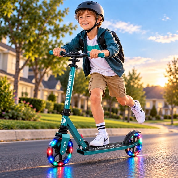 FED Fitness Light-Up Kick Scooter for Kids Ages 6 & Teens, Foldable Scooter with 8-Inch Light-Up Wheels, Front Suspension, 4-Level Adjustable Handlebar, 240 lb Capacity, Green