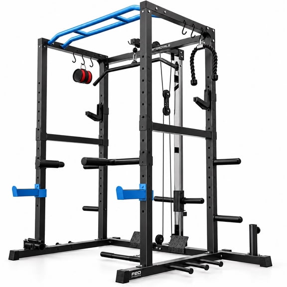 FED Fitness RK2 Power Cage with LAT Pulldown & Cable Pulley System, 1200 lb Power Rack with J-Hooks, Dip Bars & Landmine for Home Gym, Blue