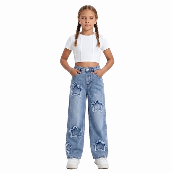 FEDPOP Baggy Jeans for Girls Wide Leg Ripped High Elastic Waisted Denim Pants Cute Summer Trousers Y2K Streetwear 7-14Y
