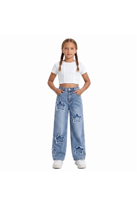 Baggy Jeans for Girls Wide Leg Ripped High Elastic Waisted Denim Pants Cute Summer Trousers Y2K Streetwear 7-14Y