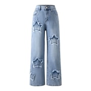 FEDPOP Baggy Jeans for Girls Wide Leg Ripped High Elastic Waisted Denim Pants Cute Summer Trousers Y2K Streetwear 7-14Y