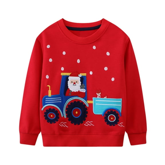 FEDPOP Boys Christmas Sweatshirts Cotton Crewneck Shirts Santa Embroidery Kids Tops 7T