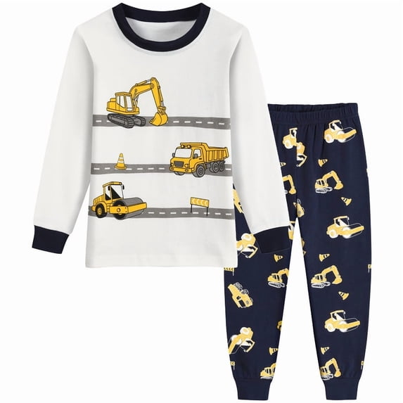 FEDPOP Boys Digger Graphic Cotton Pajamas 2-Piece Long Sleeve Kids Sleepwear Pjs Set Size 7T