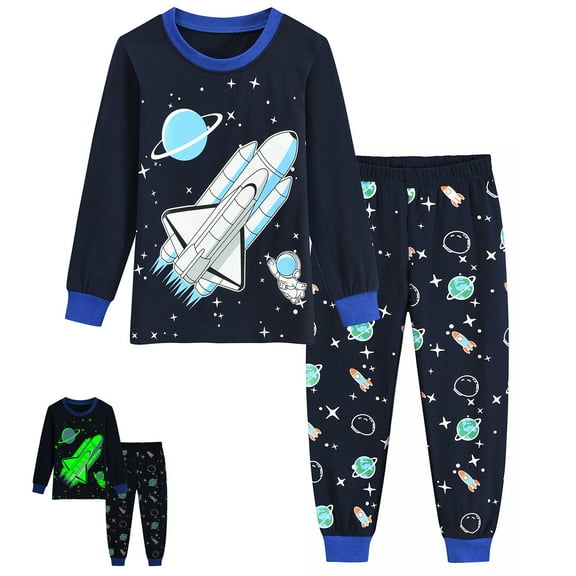 FEDPOP Boys Glow in the Dark Pajamas Space Graphic Sleepwear Kids Cotton Pjs Clothes 6T