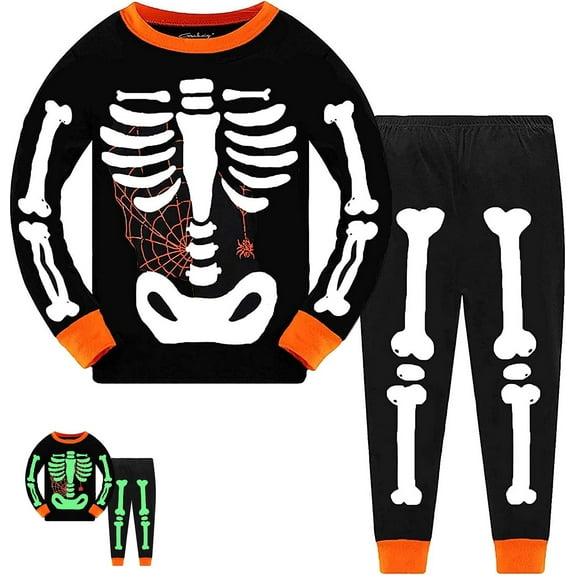 FEDPOP Boys Halloween Ghost Sleepwear Cotton Clothes Glowing Skeleton Pajamas 7T