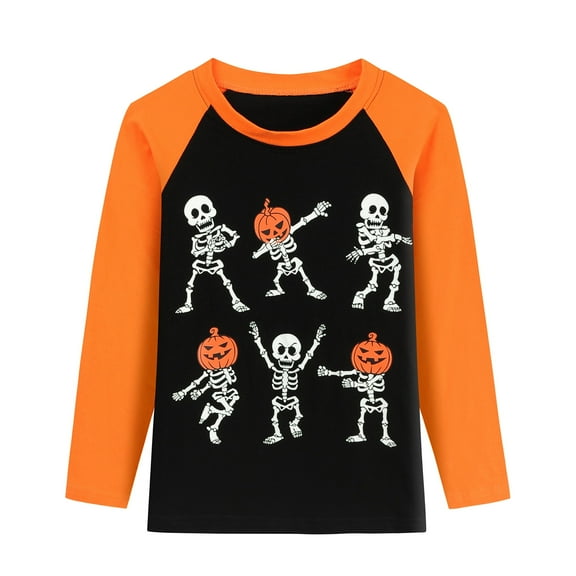 FEDPOP Boys Halloween Shirts Kids Glow in the Dark Skeleton Graphic Tees Raglan Pumpkin T-Shirt Size 7 Years
