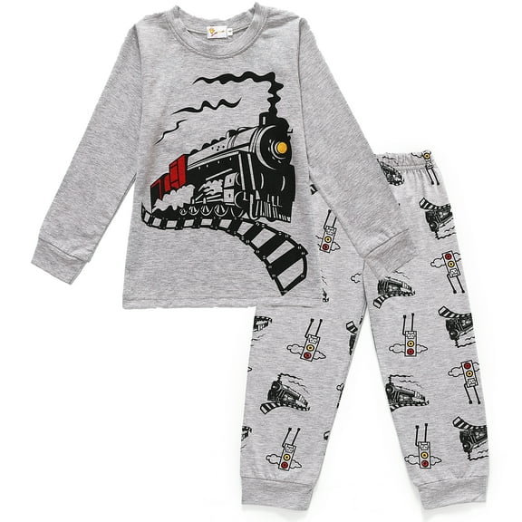 FEDPOP Boys Pajamas 100% Cotton Kids Train 2 Piece Pjs Sleepwear Toddlers Clothes Sets 2T