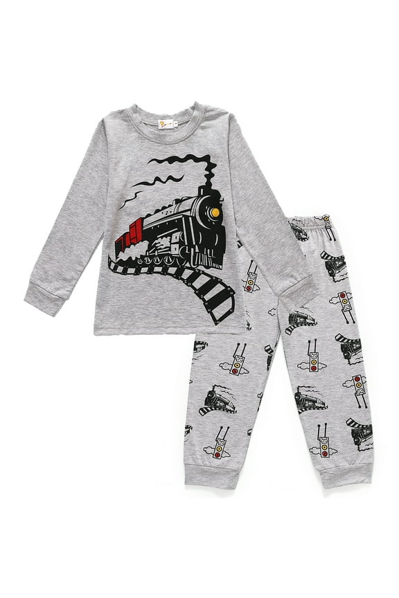 Boys Pajamas 100% Cotton Kids Train 2 Piece Pjs Sleepwear Toddlers Clothes Sets 6T