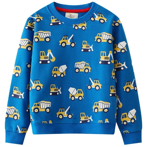 FEDPOP Boys Sweatshirts Cotton Tops Long Crewneck Excavator Kids Blue Clothes 7T