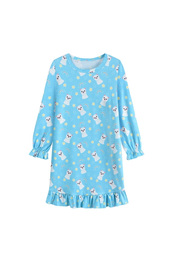 Girl Nightgowns Dresses Long Sleeve Sleep Dress Sleepwear Blue Clothes for Kids Size 7-8 Year