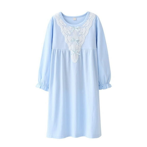 FEDPOP Girl Nightgowns Dresses Long Sleeve Sleep Dress Sleepwear Blue Clothes for Kids Size 8-9 Year