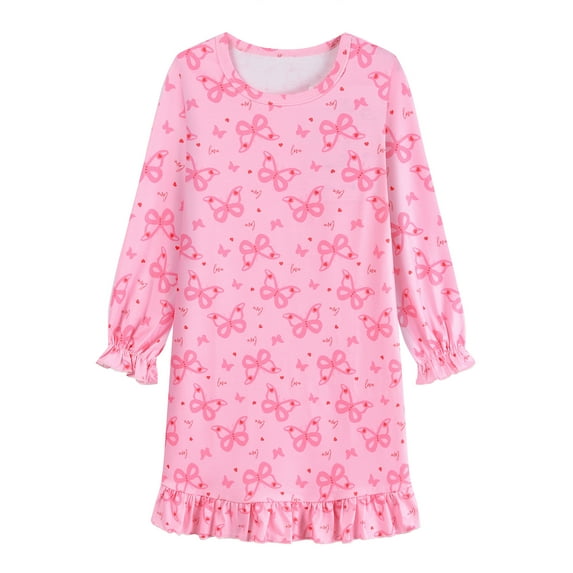 FEDPOP Girl Nightgowns Dresses Long Sleeve Sleep Dress Sleepwear Pink Clothes for Kids Size 8-9 Year