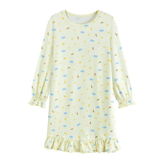 FEDPOP Girl Nightgowns Dresses Long Sleeve Sleep Dress Sleepwear Yellow Clothes for Kids Size 7T