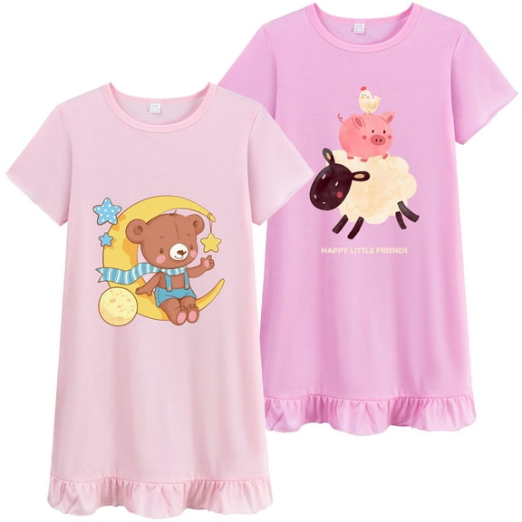 FEDPOP Girls 2 pcs Nightgown Dresses Summer Cotton Sleep Pink Dress for Kids 8-9Y