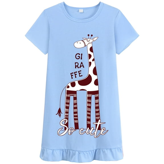 FEDPOP Girls Cotton Nightgowns Sleepshirts Dresses Summer Nightties Short Sleeve Blue Dress for Kids 5T