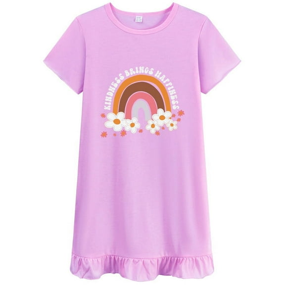 FEDPOP Girls Cotton Nightgowns Summer Sleepshirts Nighties Short Sleeve Purple Dress for Kids 5T