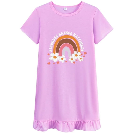 FEDPOP Girls Cotton Nightgowns Summer Sleepshirts Nighties Short Sleeve Purple Dress for Kids 7T