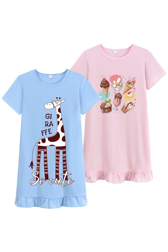 Girls Nightgown Dresses 2-Pieces Summer Cotton Sleepshirts for Kids 8-9Y