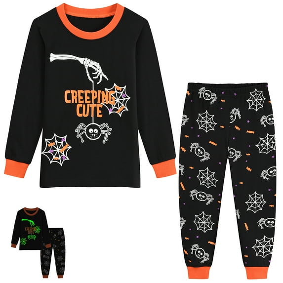 FEDPOP Halloween Skeleton Pajamas Kids Glow in the Dark Cotton Sleepwear Pjs Sets 3T